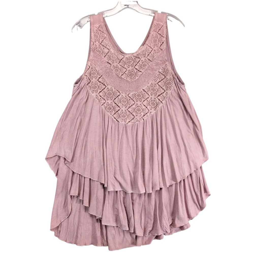 POL Pink Crochet Lace Tiered Tunic Babydoll Tank Top Sz M Flowy Boho Festival